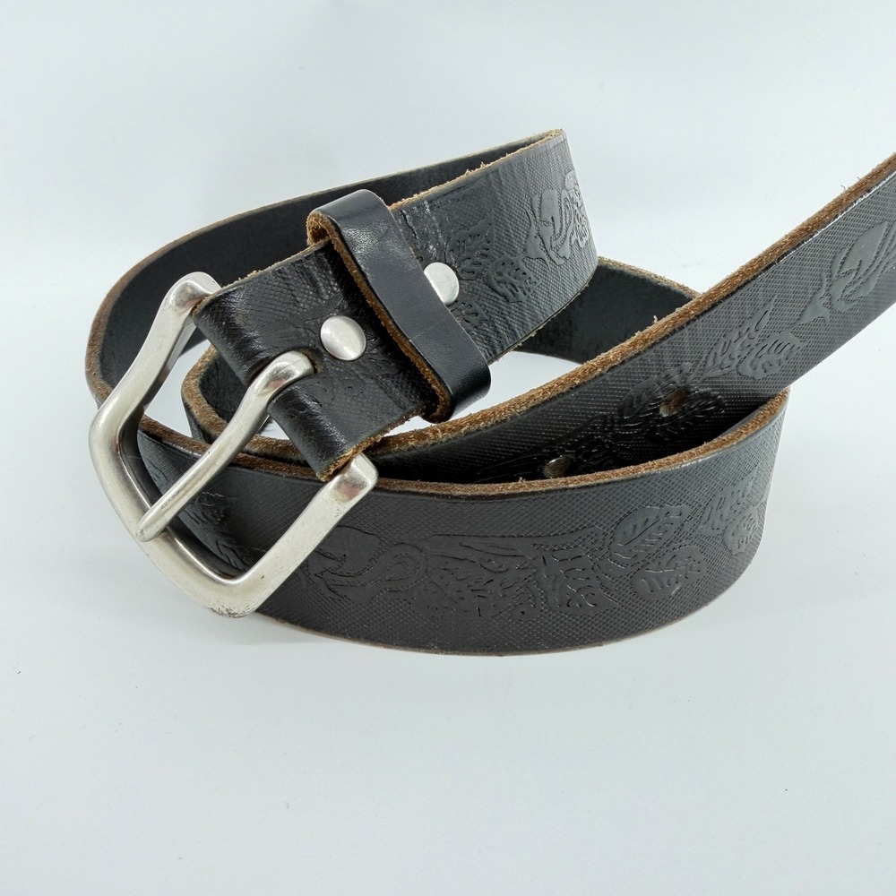 Vintage Black Genuine Leather Embossed Floral Western Belt Made in USA Size 38